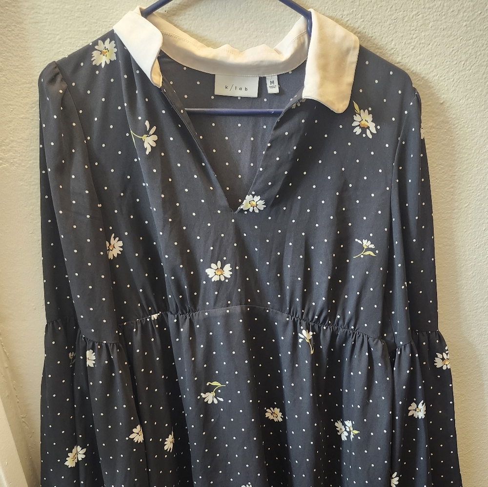 K/Lab Dark Blue Floral Midi Dress with White Collar